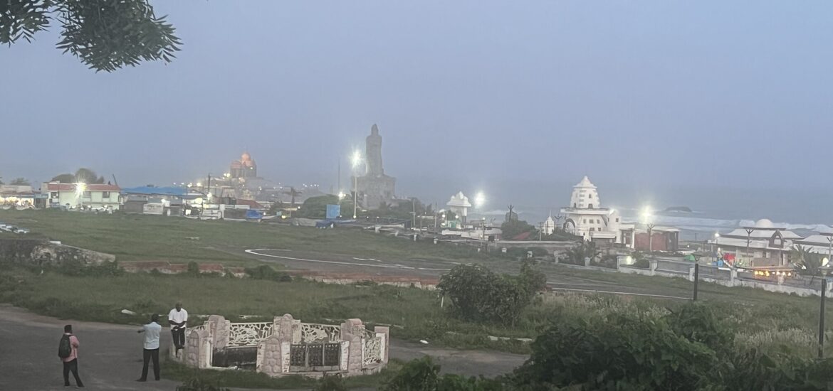 Night view of memorials as viewed from state owned Hotel Tamil Nadu hotel