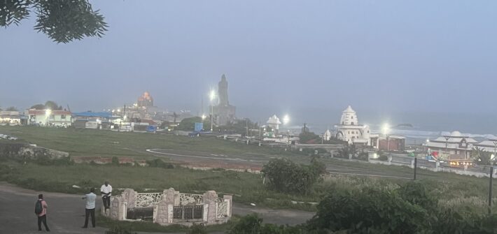 Night view of memorials as viewed from state owned Hotel Tamil Nadu hotel